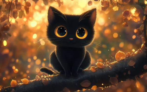 A charming black cat with large, expressive eyes sits on a tree branch, surrounded by glowing autumn leaves. A delightful Sanrio Chococat-themed HD desktop wallpaper.