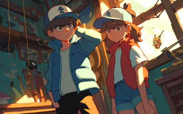 HD wallpaper featuring Mabel and Dipper Pines from the TV show Gravity Falls, capturing their playful and adventurous spirit in a vibrant background.