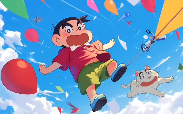 A vibrant HD desktop wallpaper featuring Crayon Shin-chan with balloons, joyfully flying through a blue sky alongside his playful pet cat.