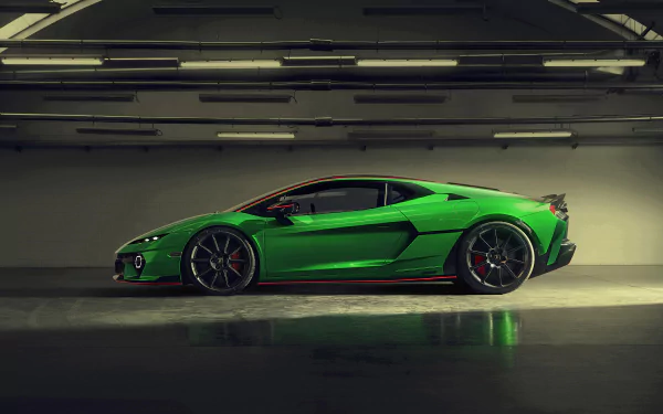 A sleek green Lamborghini Temerario stands poised in a modern garage, showcasing its dynamic design. This striking image serves as a vibrant 4K Ultra HD desktop wallpaper.