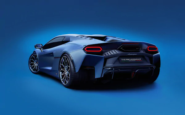 A sleek Lamborghini Temerario sports car is showcased against a vibrant blue background, emphasizing its dynamic design and modern aesthetics in this HD desktop wallpaper.