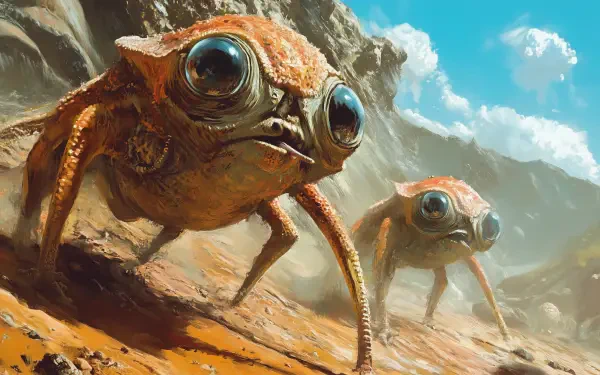 A stunning HD desktop wallpaper featuring alien creatures with large eyes and unique forms, set against a rocky landscape under a bright blue sky. A captivating sci-fi visual.