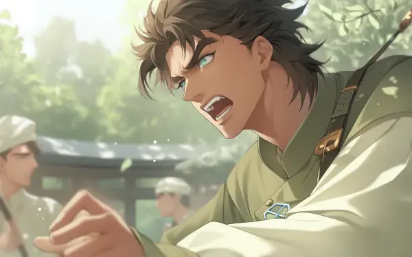 Dynamic HD wallpaper featuring Joseph Joestar from Jojo's Bizarre Adventure, capturing an intense moment as he passionately interacts with others in a vibrant, detailed setting.