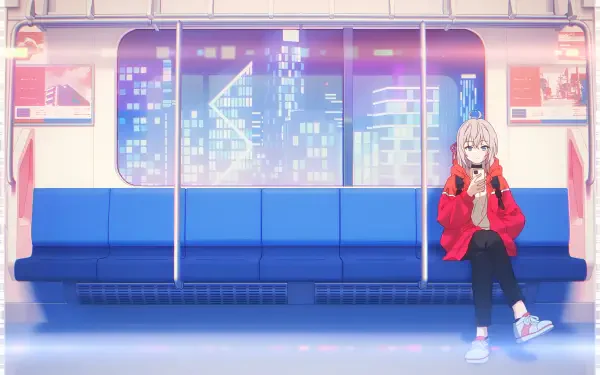 4K Ultra HD anime wallpaper featuring Alisa Mikhailovna Kujou from Alya Sometimes Hides Her Feelings, sitting alone on a futuristic subway train with a cityscape outside.