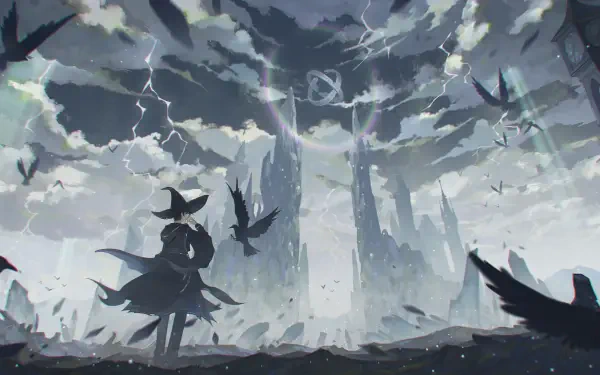 A striking HD desktop wallpaper inspired by the novel Lord of Mysteries, featuring a cloaked figure amidst a stormy sky and swirling birds around a mysterious, jagged landscape.