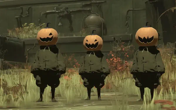 Three figures with pumpkin heads stand in an overgrown setting, dressed in dark attire. This HD wallpaper captures a Halloween-themed scene with a spooky vibe.