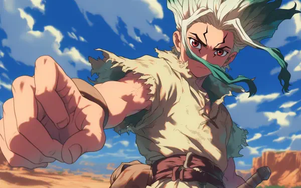 HD desktop wallpaper featuring Senku Ishigami from the anime Dr. Stone, showcasing the character's unique design and vibrant colors in an engaging background.