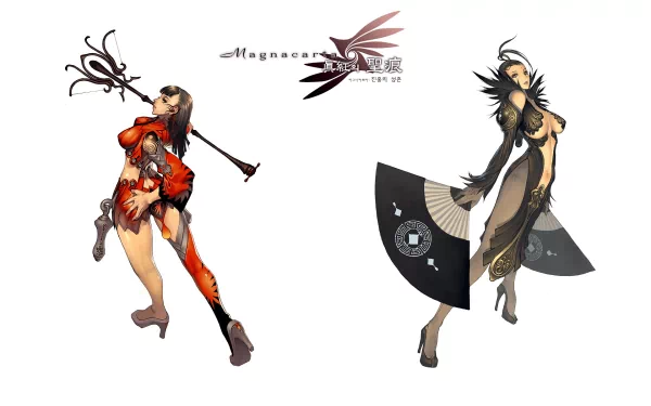 HD PC desktop wallpaper showing two stylized female characters from the video game Magna Carta: a red-clad warrior with a staff and a dark-clad fighter with large fans on a white backdrop.