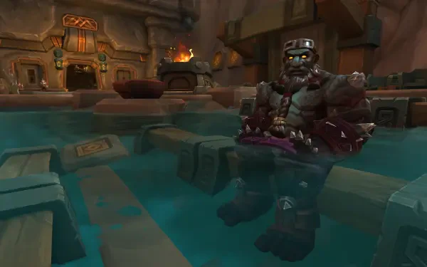 A detailed HD wallpaper from World of Warcraft: The War Within, featuring a robotic character partially submerged in water, set in a vibrant, fantastical environment.