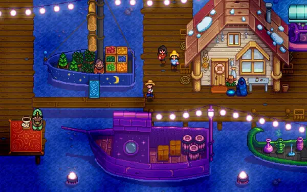 A vibrant HD desktop wallpaper featuring pixel art from the popular video game Stardew Valley, showcasing its charming visuals and serene countryside atmosphere.