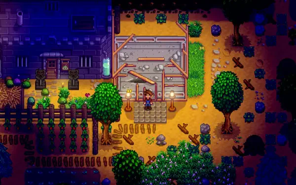 A vibrant HD desktop wallpaper featuring a scene from Stardew Valley, showcasing farming elements, lush greenery, and a construction area under a twilight sky.