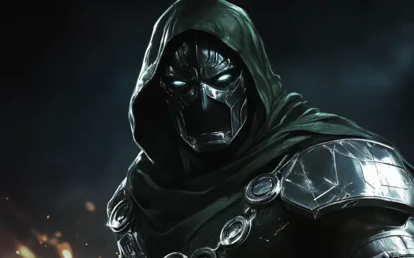 A striking HD desktop wallpaper featuring Doctor Doom from the comic universe. The character is depicted in a dark, menacing pose with a detailed metallic costume and glowing eyes.