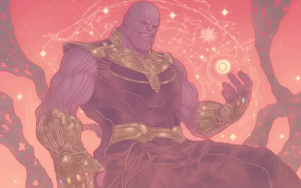 HD desktop wallpaper featuring Thanos from the comics, depicting him seated with an intense expression against a cosmic backdrop filled with swirling stars and energy.