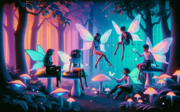A whimsical HD desktop wallpaper featuring enchanting forest fairies gathered among glowing mushrooms, illuminated by vibrant hues of blue and purple, creating a magical woodland atmosphere.