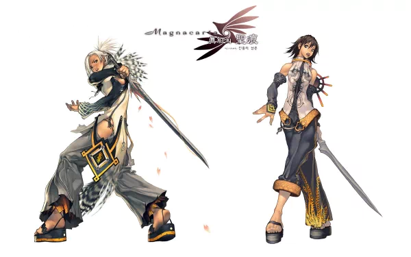HD PC desktop wallpaper featuring two characters from the video game Magna Carta, posed with swords against a clean white background.