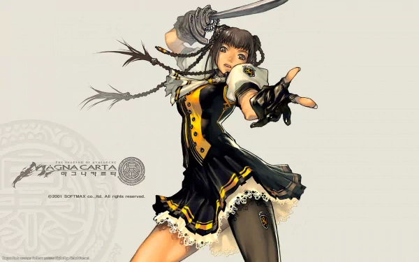 HD PC desktop wallpaper of a Magna Carta video game character — a dynamic, weapon-wielding young woman in a black-and-gold outfit striking an action pose against a pale background.