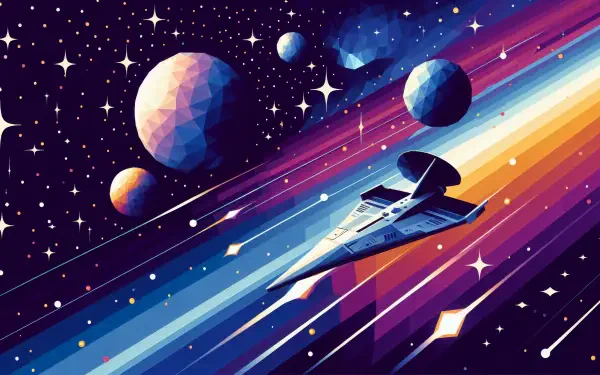 A vibrant 4K Ultra HD wallpaper depicting a futuristic spacecraft navigating through a colorful expanse of stars and planets, embodying the essence of space travel.