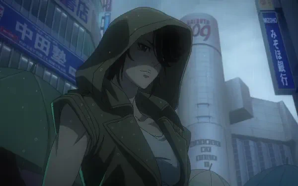 A captivating HD desktop wallpaper featuring an anime character from Terminator Zero, shrouded in a hooded cloak against a futuristic urban backdrop.