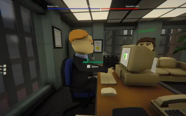 A vibrant HD PC desktop wallpaper featuring a playful video game scene set in Dale & Dawson Stationery Supplies, showcasing characters interacting in an office environment.