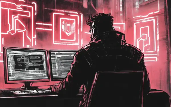 A cyberpunk-themed HD wallpaper featuring a hacker aesthetic, blending digital elements and futuristic design for a striking desktop background.