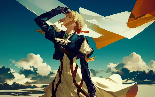 HD wallpaper featuring Violet Evergarden, a character from the anime series of the same name, showcasing her signature look and emotional depth in a stunning visual format.