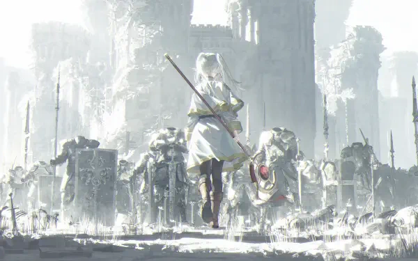 HD PC desktop wallpaper featuring Frieren from the anime Frieren: Beyond Journey's End, standing with her staff in a misty, ancient ruin landscape.