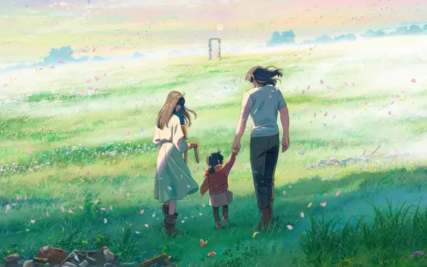 A vibrant 4K Ultra HD desktop wallpaper featuring characters Suzume Iwato and Souta Munakata from the anime Suzume no Tojimari. A captivating backdrop for any screen.