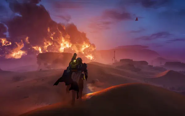 A lone character walks through a fiery landscape in this stunning 4K Ultra HD wallpaper from Helldivers 2, showcasing the game's intense atmosphere and dramatic visuals.