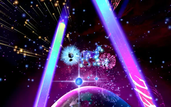 A vibrant HD desktop wallpaper featuring a cosmic scene from the video game Starwave, showcasing colorful bursts and glowing elements against a deep space background.