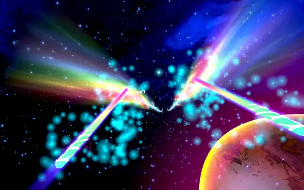 A vibrant HD desktop wallpaper featuring cosmic elements and colorful light beams from the game Starwave, set against a starry space background and a glowing planet.