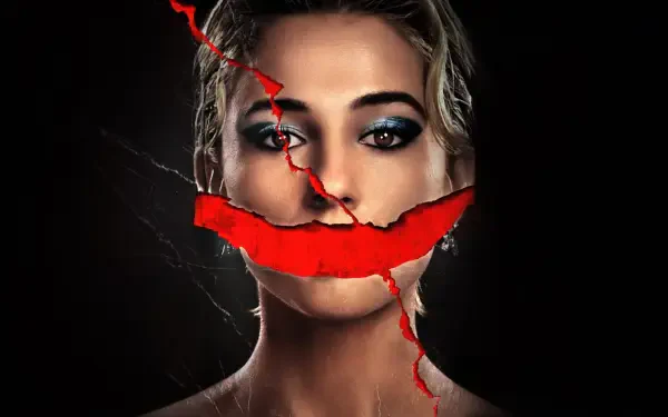 A striking 4K Ultra HD PC desktop wallpaper featuring a woman's face with a cracked red smile painted across her mouth and cheek, set against a dark background.