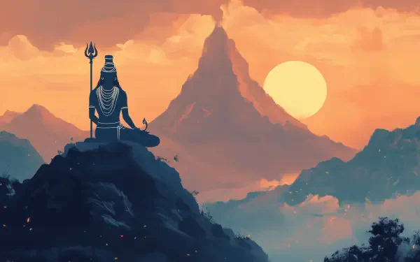 A serene depiction of Lord Shiva, Mahadev, seated in meditation against a breathtaking sunset backdrop with mountains, creating a peaceful and spiritual atmosphere.