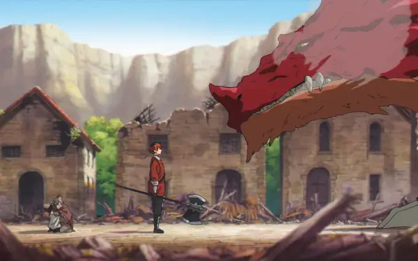 HD PC desktop wallpaper featuring Stark from Frieren: Beyond Journey's End standing in a ruined village with a large red creature soaring above.