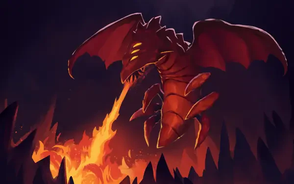 A fiery red monster with wings breathes fire in a dark, dramatic landscape, inspired by the video game Hive Jump 2: Survivors. This HD wallpaper captivates with its intense visuals.