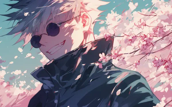HD PC desktop wallpaper featuring AI art of Satoru Gojo from Jujutsu Kaisen, with cherry blossoms and a bright, dynamic background.