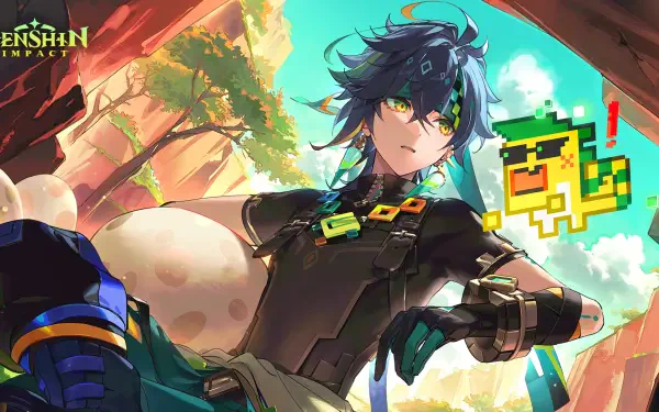 HD PC desktop wallpaper featuring Kinich from Genshin Impact, showcasing vibrant colors and dynamic pose with in-game pixel art elements in the background.