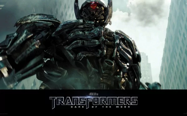 HD PC desktop wallpaper featuring a menacing robot from the movie Transformers: Dark of the Moon against a cityscape backdrop.