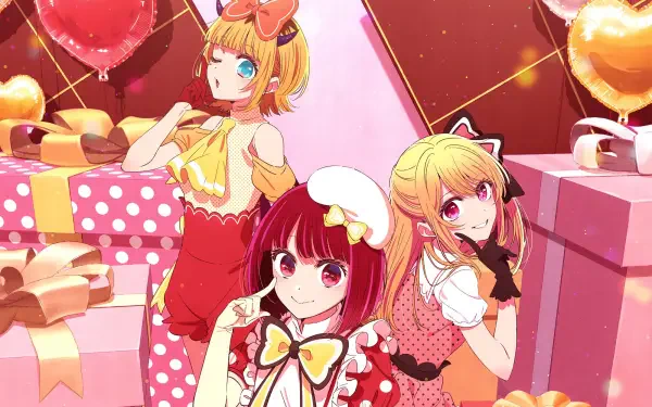 HD PC desktop wallpaper and background of three anime characters from Oshi no Ko — Mem-Cho, Ruby Hoshino, and Kana Arima — posing amid pink gift boxes, ribbons and heart balloons.