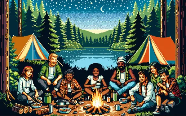 A vibrant camping scene featuring a group of friends gathered around a campfire, surrounded by tents and a serene lake under a starry sky. This 4K Ultra HD wallpaper captures the essence of adventure.
