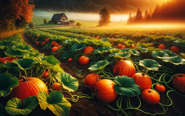 A vibrant pumpkin patch at sunset, with rows of ripe pumpkins nestled among green vines, framed by a serene farmhouse and misty landscape in high-resolution detail.