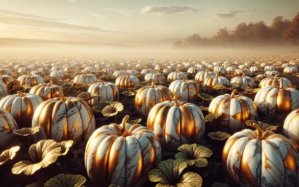 A serene pumpkin patch at sunrise, featuring rows of beautifully striped pumpkins amidst lush green leaves, captured in stunning 4K Ultra HD quality.