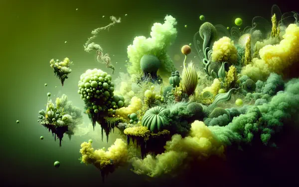 A vibrant 4K Ultra HD PC desktop wallpaper featuring surreal, floating landscapes with whimsical greenery and ethereal clouds in shades of green and yellow.