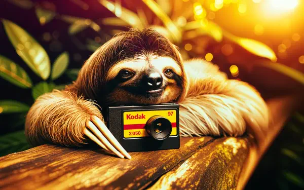 A charming sloth rests on a wooden log, holding a vintage Kodak camera, surrounded by lush greenery and warm sunlight, creating a serene vibe in this 4K Ultra HD wallpaper.