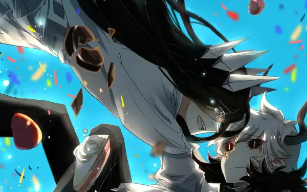 Dynamic anime scene from The Gray Garden, featuring two characters amidst colorful confetti and debris, set against a vibrant blue background. High-definition desktop wallpaper.