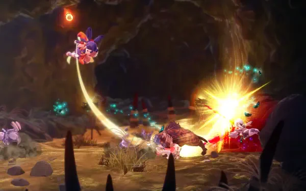 Vibrant HD wallpaper from the video game Sakuna: Of Rice And Ruin, depicting a dynamic scene with characters battling in a colorful, animated environment.