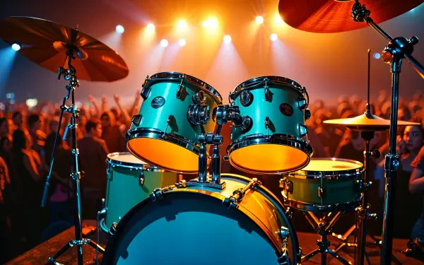 A vibrant drum set illuminated by stage lights, surrounded by an energetic crowd, presented as a 4K Ultra HD PC desktop wallpaper and background.