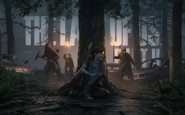 The Last of Us 8K Ultra HD PC wallpaper featuring a tense forest scene with characters holding torches and weapons in a dark, atmospheric setting.