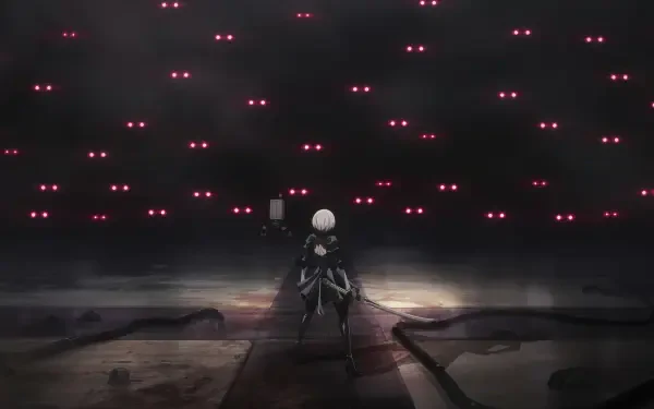 A striking 4K Ultra HD wallpaper featuring YoRHa Type A No.2 from NieR:Automata Ver 1.1a, set against a backdrop of glowing red eyes in darkness.