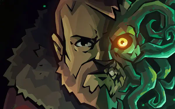 An HD PC desktop wallpaper featuring a character from the video game Edge of Sanity, displaying a rugged man with a monstrous eye and tendrils, capturing a dark, surreal atmosphere.