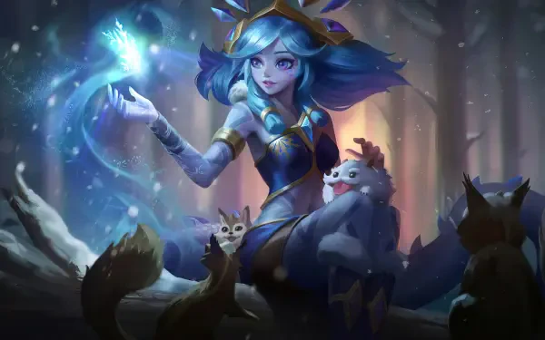 A vibrant 4K Ultra HD wallpaper featuring Neeko from League of Legends, surrounded by magical lights and playful creatures in a whimsical forest setting.